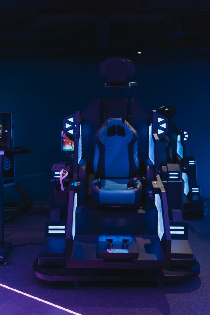 High-tech gaming setup featuring neon lights and immersive simulation equipment.